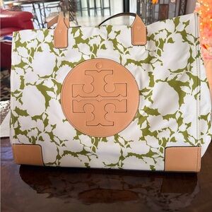 Tory Burch White Tote with Olive Floral Print and Tan Leather Logo